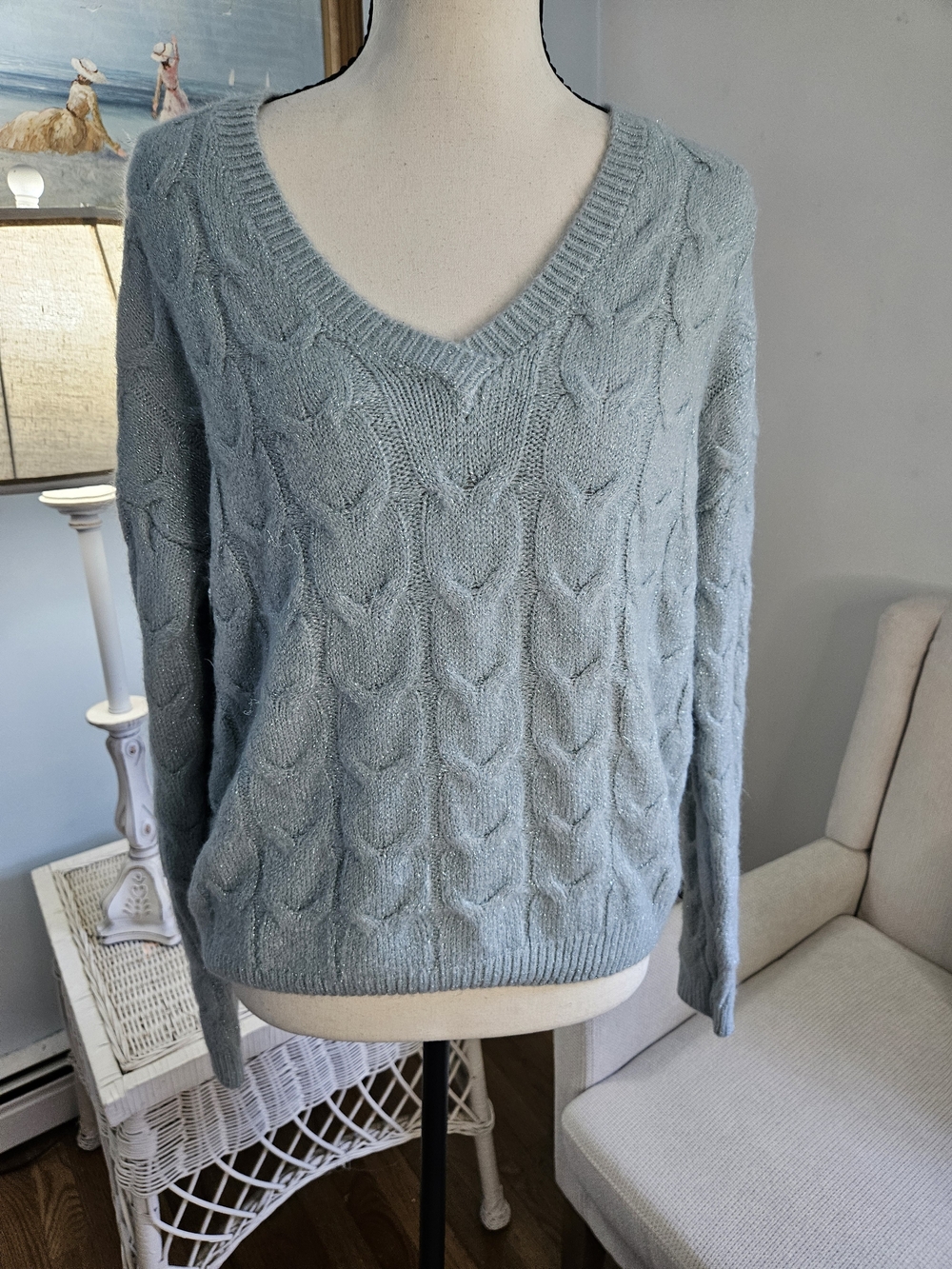 V-Neck Cable Knit Sweater in Light Blue. New York &company. P46